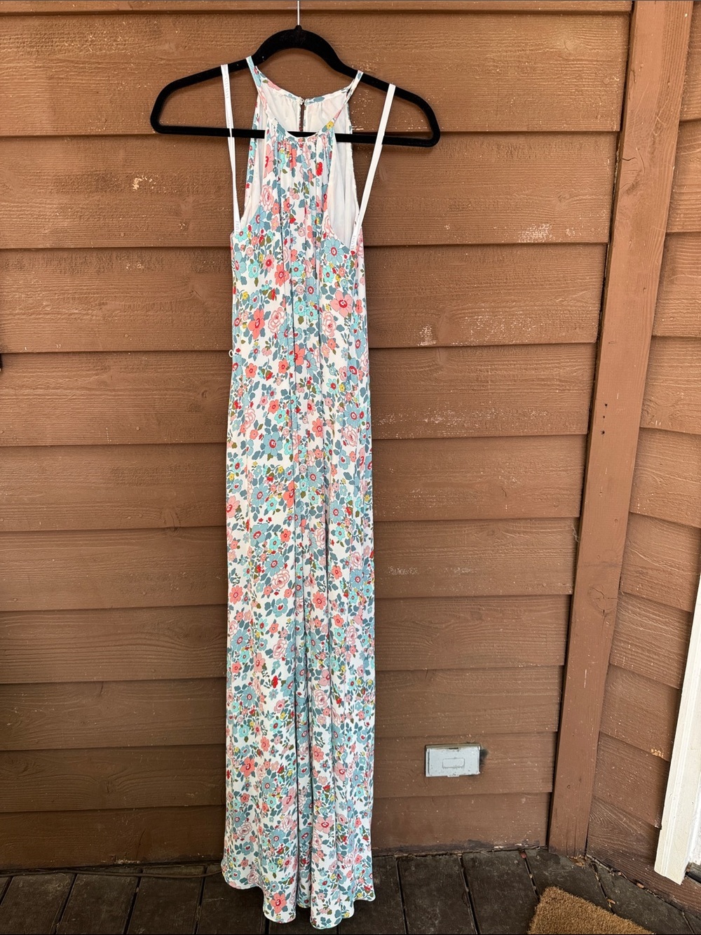 David's Bridal White Maxi Dress with Coral & Teal Floral Print size 4